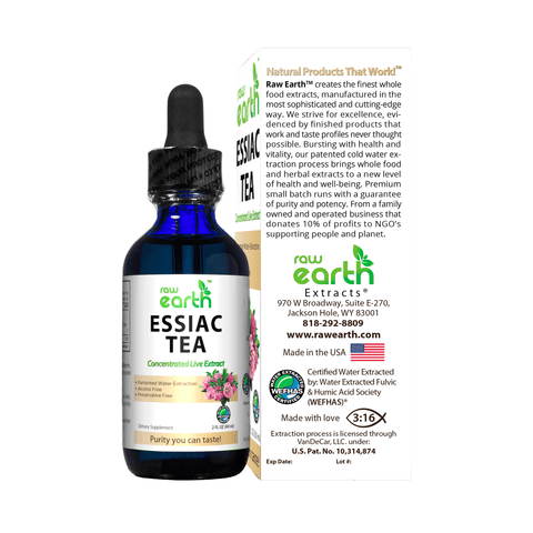 Essiac Tea Extract 2oz by Raw Earth with natural product details, fulvic minerals, and a commitment to high-quality, eco-friendly health solutions.