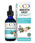 Breath Easy Extract 2oz bottle and packaging featuring a natural herbal blend for lung health, alcohol-free and preservative-free.