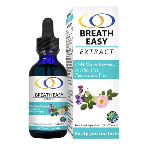 Breath Easy Extract 2oz bottle and packaging featuring a natural herbal blend for lung health, alcohol-free and preservative-free.