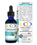 Back view of Breath Easy Extract 2oz bottle and packaging with product details, ingredients, and manufacturer information.