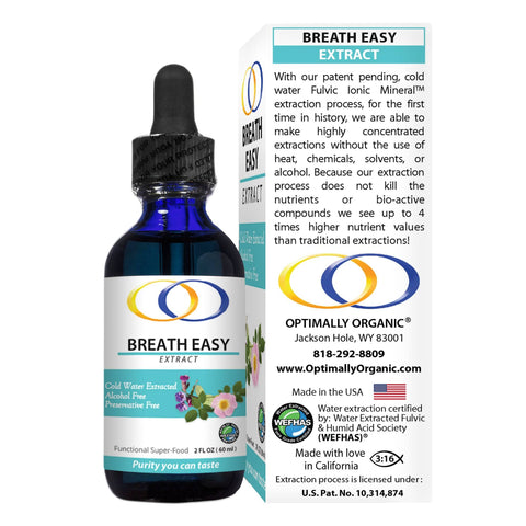 Back view of Breath Easy Extract 2oz bottle and packaging with product details, ingredients, and manufacturer information.