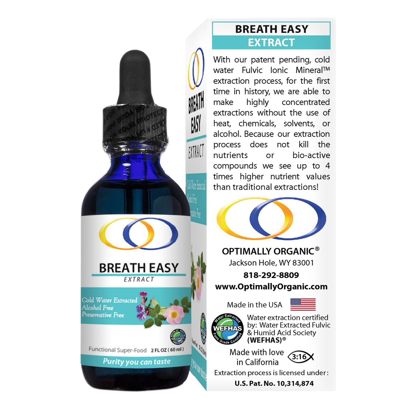 Back view of Breath Easy Extract bottle with product details. Features cold water extraction, fulvic ionic minerals, and high nutrient bio-availability.