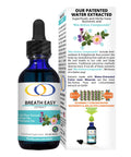 Breath Easy Extract 2oz bottle highlighting patented water extraction process and bio-active compounds for respiratory support.