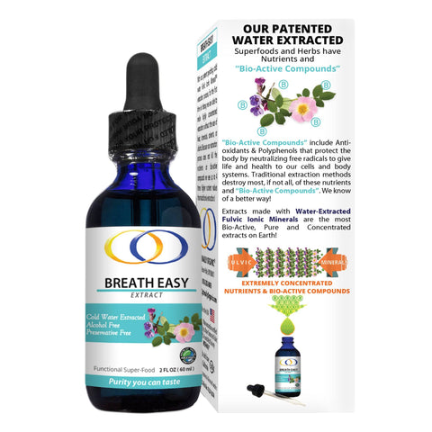 Breath Easy Extract 2oz bottle highlighting patented water extraction process and bio-active compounds for respiratory support.