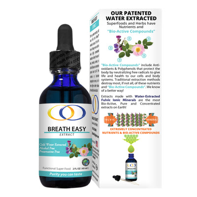 Breath Easy Extract highlighting patented water extraction process. Contains bio-active compounds, fulvic ionic minerals, and concentrated herbal nutrients.