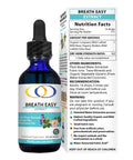 Breath Easy Extract 2oz bottle with nutrition facts, serving size, and usage recommendations for natural lung health support.