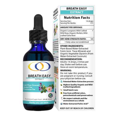 Breath Easy Extract 2oz bottle with nutrition facts, serving size, and usage recommendations for natural lung health support.