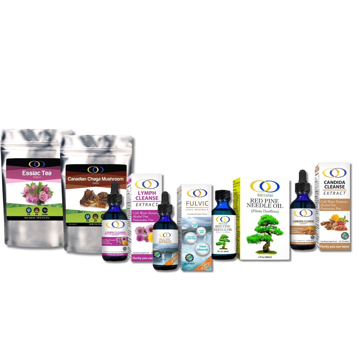 Detox Cleanse Kit for Parasites, Yeast, and Heavy Metals. A 60-day supply of cleansing supplements, including Essiac Tea, Chaga Mushroom, lymph cleanse, fulvic acid, and more for improved digestion and immune support.