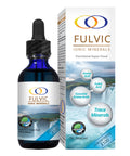 Fulvic Ionic Minerals X100 bottle with packaging, featuring trace minerals, humic acid, and amino acids for health benefits.