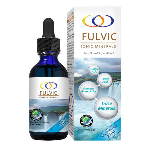 Fulvic Ionic Minerals X100 bottle with packaging, featuring trace minerals, humic acid, and amino acids for health benefits.