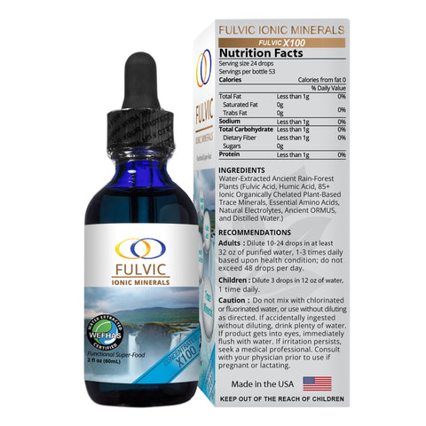 Fulvic Ionic Minerals X100 bottle with nutritional facts and ingredient details, emphasizing bioavailable trace minerals.