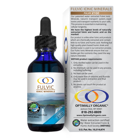 Fulvic Ionic Minerals X100 bottle and packaging highlighting natural extraction, trace minerals, and patented formula details.