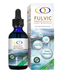 Fulvic Ionic Minerals X200 bottle and packaging featuring essential amino acids, humic acid, and trace minerals for health benefits.