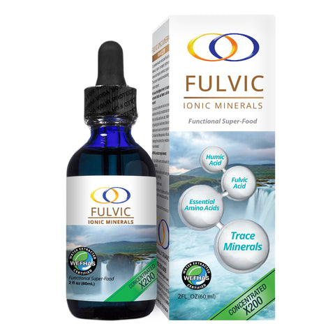 Fulvic Ionic Minerals X200 bottle and packaging featuring essential amino acids, humic acid, and trace minerals for health benefits.