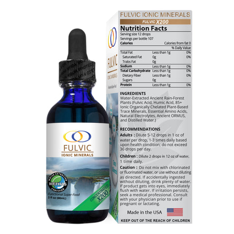 Fulvic Ionic Minerals X200 bottle with nutrition facts and ingredient details, emphasizing its concentrated formula.