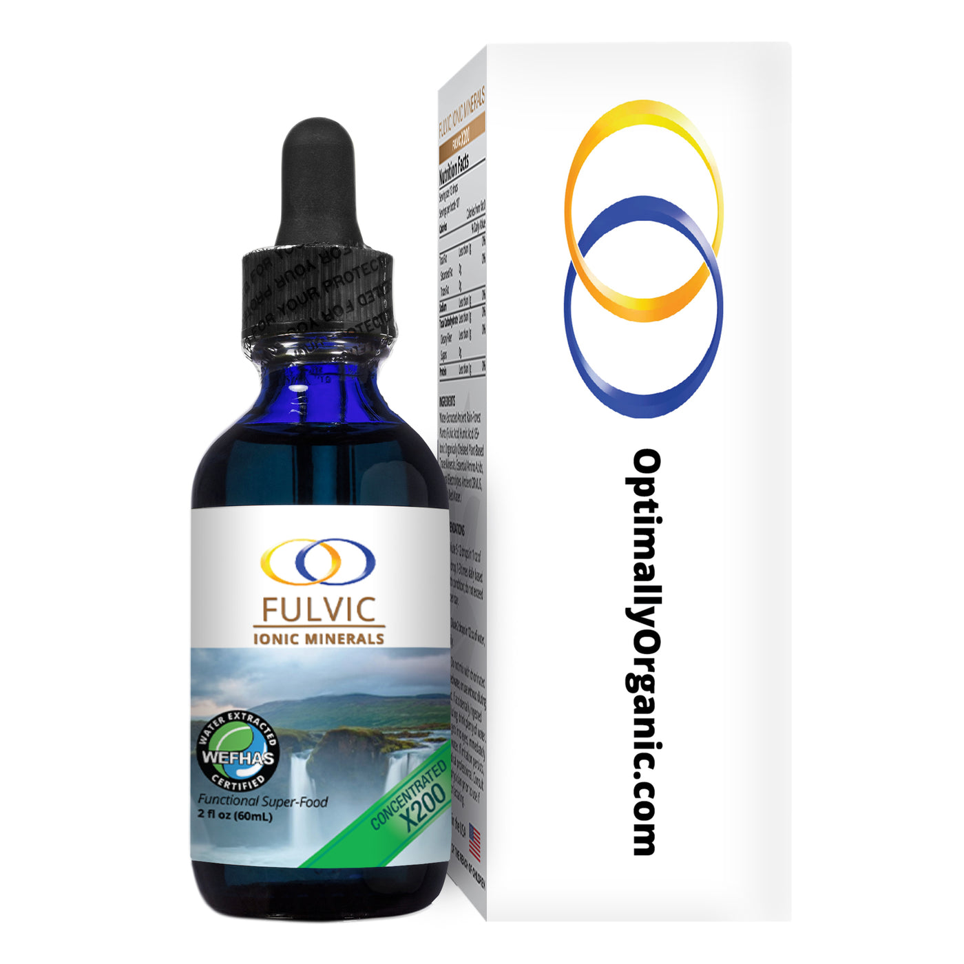 Fulvic Ionic Minerals X350 bottle with branded packaging by Optimally Organic, emphasizing concentrated ionic trace minerals for wellness.