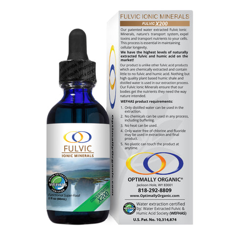 Fulvic Ionic Minerals X200 bottle with detailed product information on the packaging, highlighting its natural extraction process.