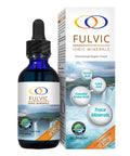 Fulvic Ionic Minerals X350 bottle with dropper and packaging box, featuring humic acid, essential amino acids, and trace minerals for health benefits.