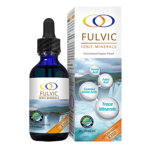 Fulvic Ionic Minerals X350 bottle with dropper and packaging box, featuring humic acid, essential amino acids, and trace minerals for health benefits.