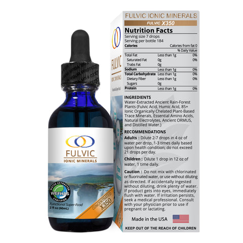 Fulvic Ionic Minerals X350 bottle with packaging showing nutrition facts, ingredients, and usage recommendations for optimal health support.