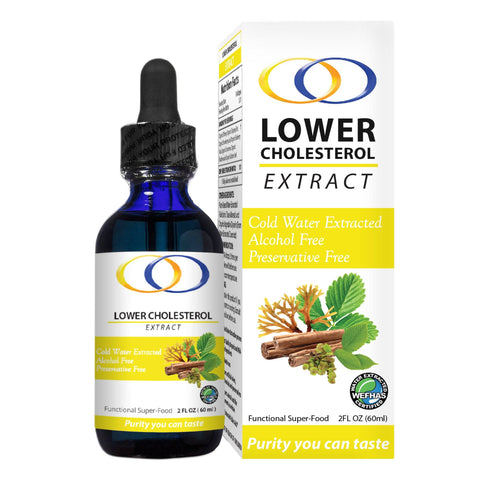 Cholesterol Lowering Extract in a 2oz bottle with packaging, featuring a natural herbal blend for heart health and LDL management.