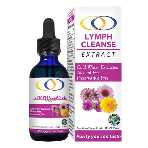 Lymph Cleanse Extract 2oz bottle and packaging featuring cold water extraction, alcohol-free, and preservative-free formula for detox support.