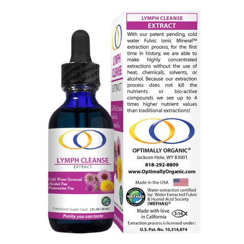 Lymph Cleanse Extract 2oz bottle with detailed packaging highlighting fulvic ionic minerals, nutrient-dense herbs, and bio-active compounds.