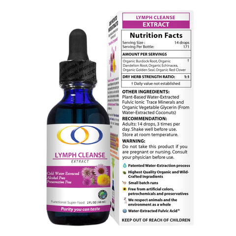 Lymph Cleanse Extract 2oz bottle with packaging displaying nutrition facts, ingredients, and usage instructions for detox and immune support.