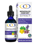 Menopause Comfort Extract 2oz bottle with packaging, featuring natural relief for menopause symptoms using organic herbs.