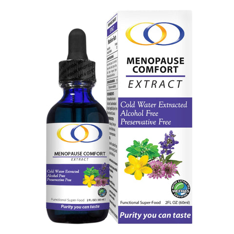 Menopause Comfort Extract 2oz bottle with packaging, featuring natural relief for menopause symptoms using organic herbs.