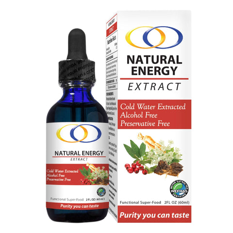 Natural Energy Extract 2oz bottle with packaging box, highlighting cold water extraction, alcohol-free, and preservative-free features.