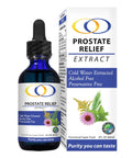 Prostate Relief Extract 2oz bottle and packaging featuring cold water extraction, alcohol-free, and preservative-free formula for prostate health.