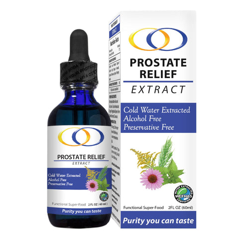 Prostate Relief Extract 2oz bottle and packaging featuring cold water extraction, alcohol-free, and preservative-free formula for prostate health.