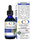 Prostate Relief Extract 2oz bottle and packaging with details on patented cold water extraction, organic ingredients, and high nutrient value.