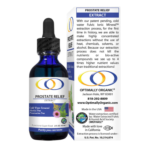 Prostate Relief Extract 2oz bottle and packaging with details on patented cold water extraction, organic ingredients, and high nutrient value.