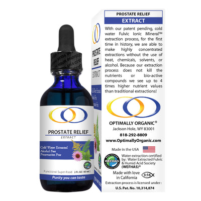 Optimally Organic Prostate Relief Extract 2oz with patented water extraction. Supports prostate health with bio-active compounds and herbal nutrients.