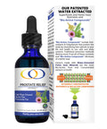 Prostate Relief Extract 2oz bottle highlighting patented water extraction, bio-active compounds, and concentrated nutrients for prostate health.