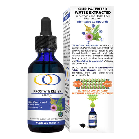 Prostate Relief Extract 2oz bottle highlighting patented water extraction, bio-active compounds, and concentrated nutrients for prostate health.