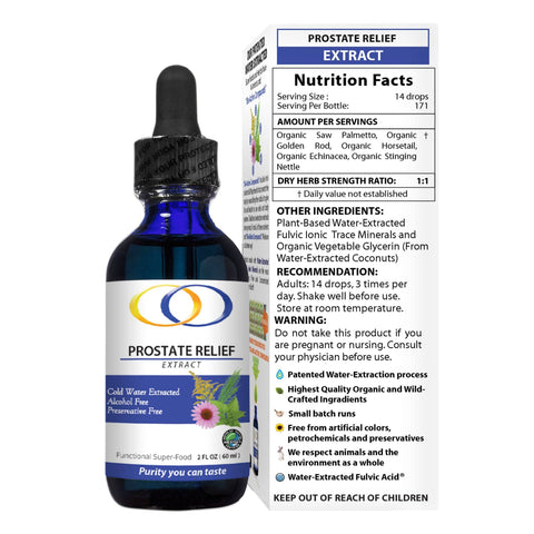 Prostate Relief Extract 2oz bottle with nutrition facts and organic ingredients, emphasizing alcohol-free and preservative-free prostate support.