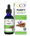 Purify Extract 2oz bottle with dropper and packaging box featuring herbal ingredients like cinnamon and star anise. Alcohol-free and preservative-free.