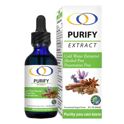 Purify Extract 2oz bottle with dropper and packaging box featuring herbal ingredients like cinnamon and star anise. Alcohol-free and preservative-free.