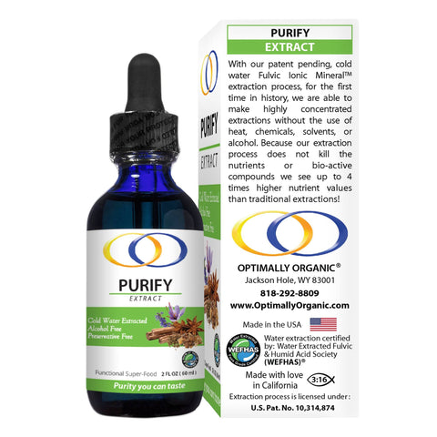 Purify Extract 2oz bottle with packaging showcasing its cold water extraction process and Fulvic Ionic Mineral benefits. Made in the USA by Optimally Organic.