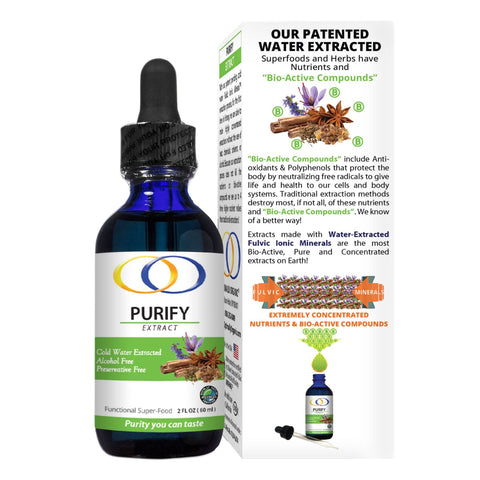 Purify Extract 2oz bottle with packaging emphasizing patented water extraction and bio-active compounds for health benefits. Herbal supplement details included.