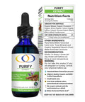 Purify Extract 2oz bottle with detailed nutrition facts and ingredient list on the packaging. Highlights cold water extraction and herbal blend.