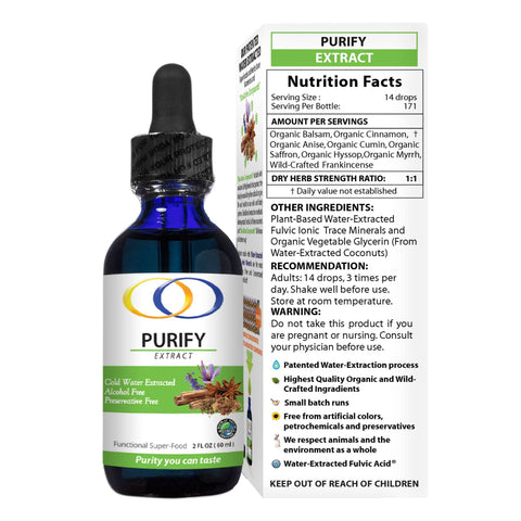 Purify Extract 2oz bottle with detailed nutrition facts and ingredient list on the packaging. Highlights cold water extraction and herbal blend.