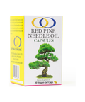 Red Pine Needle Oil Capsules packaging featuring a pine tree illustration. Vegan gel caps for detox and antioxidant benefits.