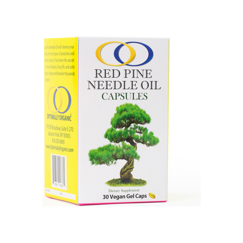 Red Pine Needle Oil Capsules packaging featuring a pine tree illustration. Vegan gel caps for detox and antioxidant benefits.