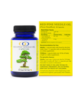 Red Pine Needle Oil Capsules bottle with detailed nutrition facts and usage instructions on a yellow label. Vegan immune-boosting supplement.