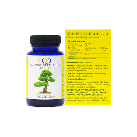 Red Pine Needle Oil Capsules bottle with detailed nutrition facts and usage instructions on a yellow label. Vegan immune-boosting supplement.