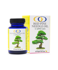 Red Pine Needle Oil Capsules in a blue bottle with packaging featuring a pine tree illustration. Vegan supplement for immune support.